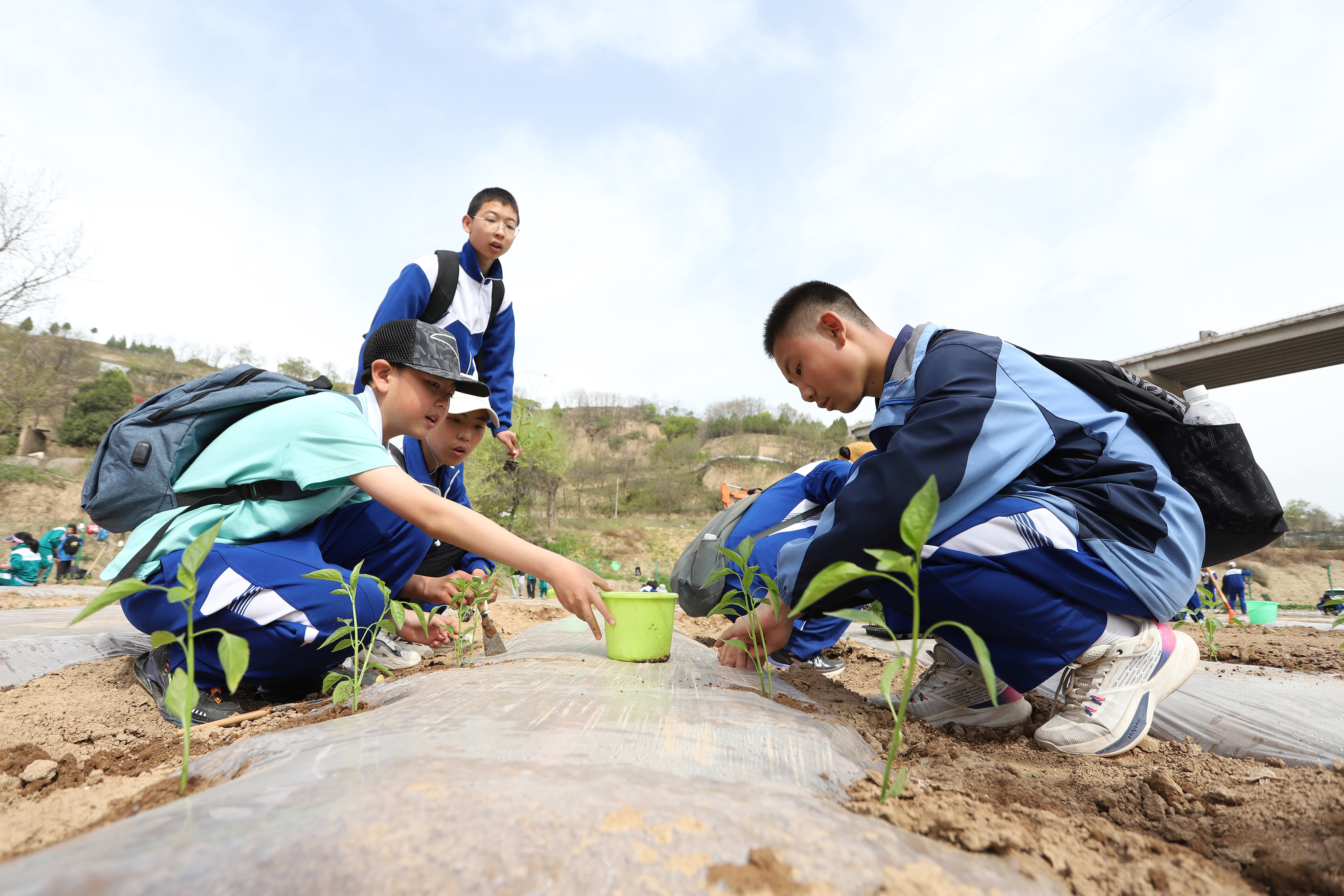 06——4月27日，在甘肅省平?jīng)鍪械谒闹袑W(xué)行知園學(xué)農(nóng)基地里，學(xué)生們在給剛剛種植的辣椒苗澆水。.JPG